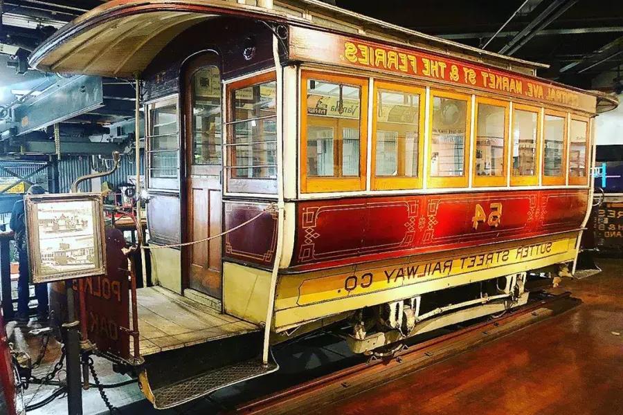 A vintage cable car on display at the San Francisco Cable Car Museum.